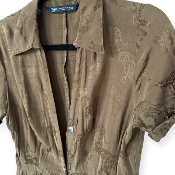 Zara Midi Dress Small Brown‎ Animal Print Metallic Safari Button-Up Shirtdress S - Picture 4 of 11